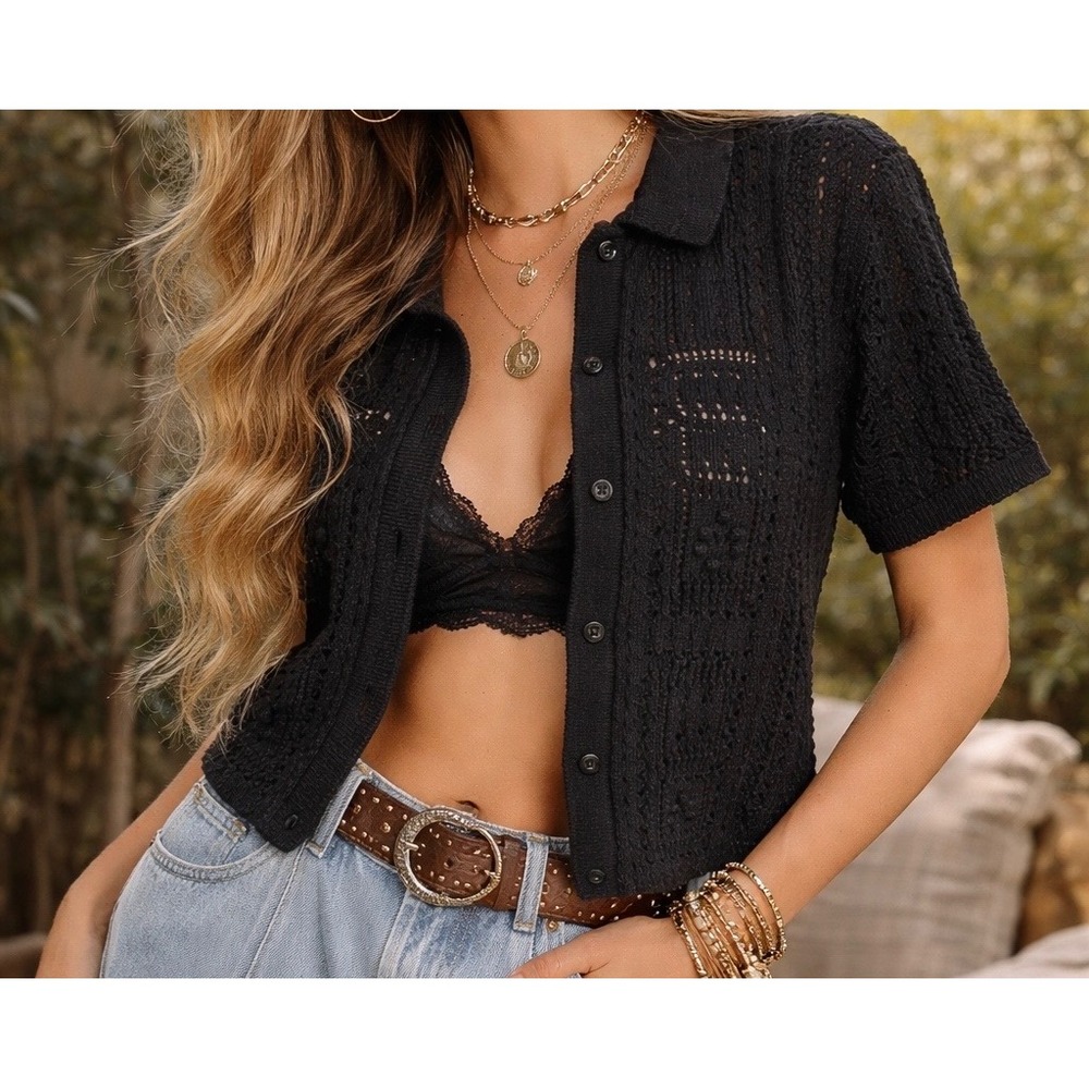 Black Crochet Cardigan M Short Sleeve Button Up Boho Knit Top Open Front Relaxed